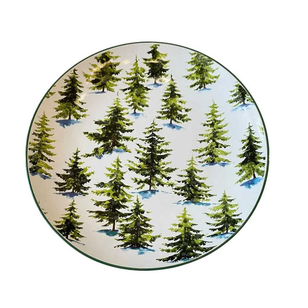 Christmas Pine Tree Dinner Plates 10.5in Ceramic Set of 2 by Global Design New